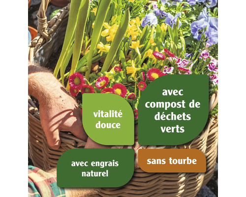 Panier de fleurs avec la mention : Avec compost de déchets verts, vitalité douce, avec engrais naturel et sans tourbe