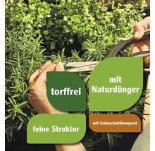 Eine Person schneidet Kräuter mit einer Gartenschere, umgeben von Textfeldern, die torffrei, mit Naturdünger, feine Struktur und mit Grünschnittkompost hervorheben.