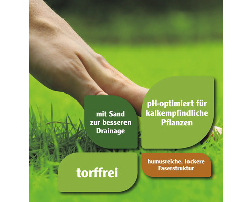 Informationen zu den Produkteigenschaften: mit Sand zur besseren Drainage, pH-optimiert für kalkempfindliche Pflanzen, torffrei, humusreiche, lockere Faserstruktur