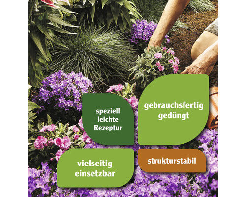 Beetbepflanzung mit dem Hinweis: Spezielle leichte Rezeptur, gebrauchsfertig gedüngt, vielseitig einsetzbar, strukturstabil