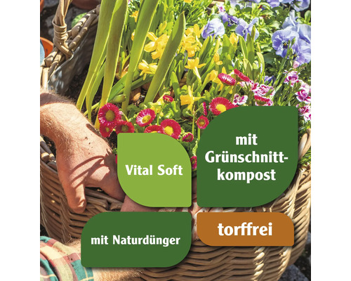 Blumenkorb mit der Aufschrift Vital Soft, mit Grünschnittkompost, mit Naturdünger, torffrei