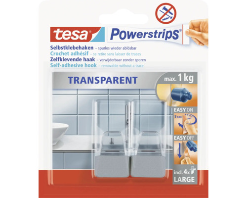 Tesa Powerstrips Klebehaken, transparent, inklusive vier grossen Klebestreifen, maximale Tragkraft ein Kilogramm