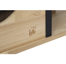 Vue détaillée d''une étagère en bois avec l''inscription Designed by Lotte