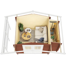 Vue intérieure d''un abri de jardin avec canapé, table et plantes