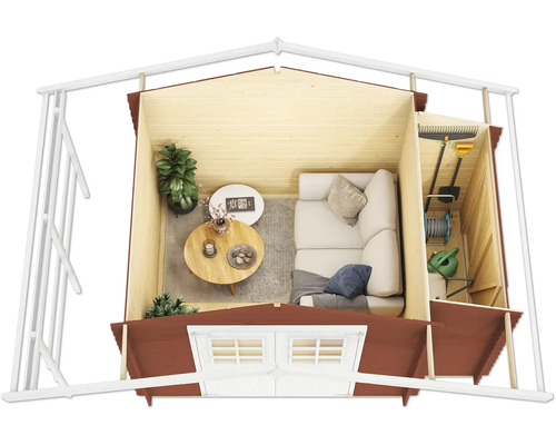 Vue intérieure d''un abri de jardin avec canapé, table et plantes