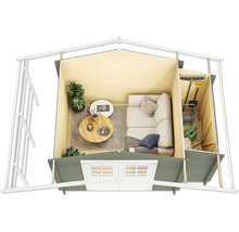 Vue intérieure d''une cabane de jardin avec espace de vie et espace de rangement