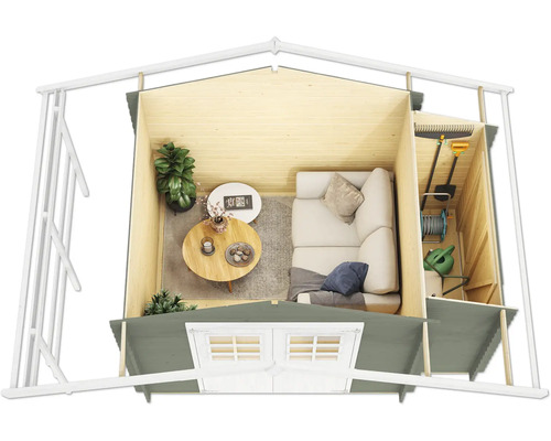 Vue intérieure d''une cabane de jardin avec espace de vie et espace de rangement