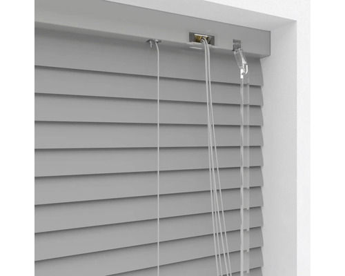 Store vénitien gris à la fenêtre avec cordon de commande