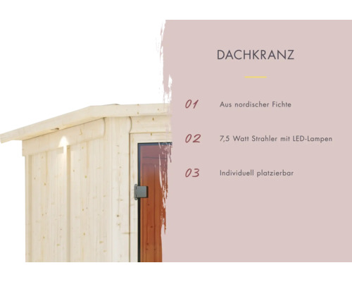 Detailansicht eines Gartenhauses mit Dachkranz aus nordischer Fichte und LED-Strahlern.
