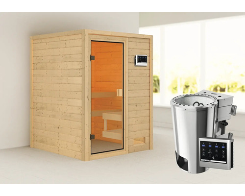 Sauna avec façade en verre et poêle de sauna