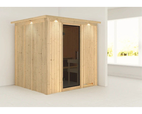 Sauna en bois avec porte en verre et éclairage intérieur