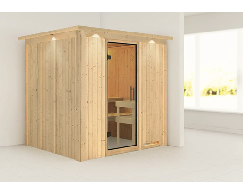 Sauna en bois avec porte en verre et éclairage intérieur intégré
