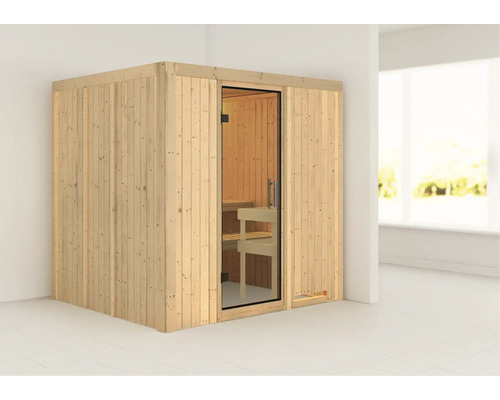 Sauna en bois avec porte en verre et bancs