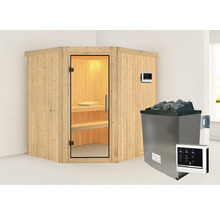 Sauna d''angle avec porte en verre, intérieur en bois et poêle de sauna avec pierres