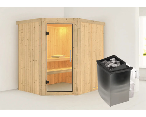 Ecksauna mit Saunaofen und Saunasteinen