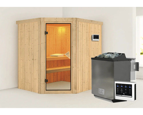 Sauna aus Holz mit Saunaofen und Steuerung