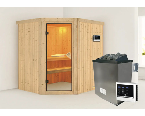 Ecksauna mit Saunaofen und digitalem Steuergerät