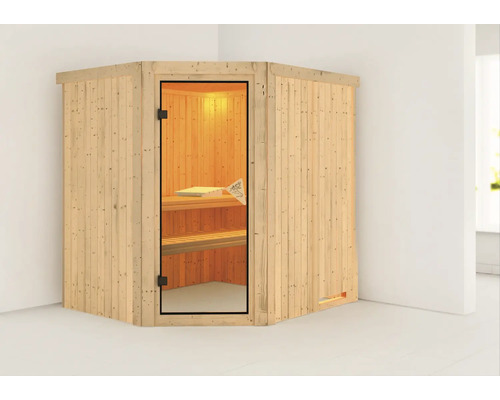Sauna d''angle avec porte en verre et habillage en bois.