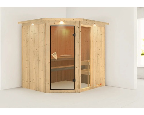 Sauna d''angle avec porte en verre et éclairage intérieur
