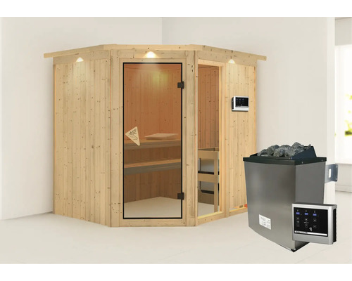 Sauna en bois avec porte en verre et poêle de sauna