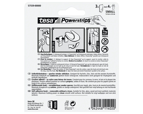 Crochets adhésifs Tesa Powerstrips, amovibles sans laisser de traces, avec instructions de montage