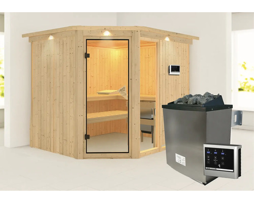Ecksauna aus Holz mit Glastür und Saunaofen mit Steinen