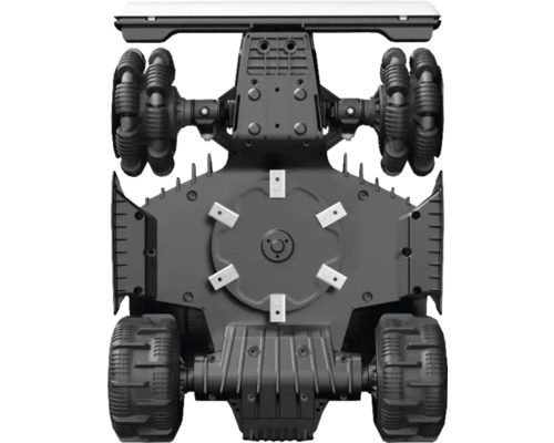 Vue du dessous d''un robot tondeuse avec roues et disque porte-lames