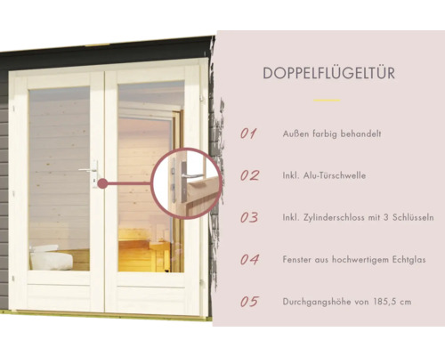 Doppelflügeltür mit Farbbehandlung, Aluminium Türschwelle, Zylinderschloss mit drei Schlüsseln und Echtglasfenster