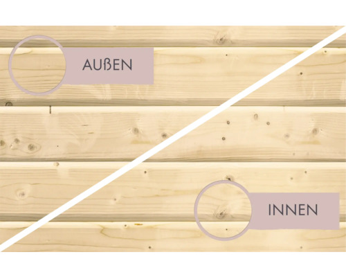 Holzwand mit Markierungen für Aussen und Innen