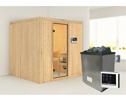 Sauna en bois avec porte en verre et poêle de sauna