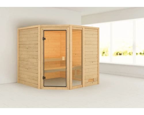 Sauna en bois avec porte en verre et bancs