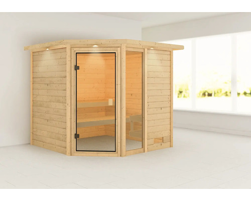 Sauna en bois avec porte en verre et design d''angle