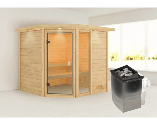 Sauna d''angle en bois avec porte en verre et poêle de sauna