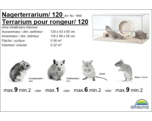 Terrarium pour rongeurs 120 avec des informations sur les dimensions extérieures, les dimensions intérieures, la surface, le volume et les espèces animales