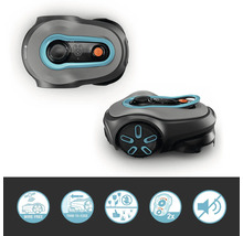 Robot tondeuse Gardena avec les symboles : Sans fil, Coupe-bordures, Convient aux prairies fleuries, Lames doubles, Silencieux