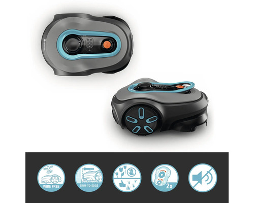 Gardena Mähroboter mit den Symbolen: Drahtfrei, Kantenschnitt, Geeignet für Blumenwiesen, Doppelte Messer, Leise