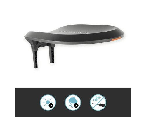 Toit Gardena pour robot tondeuse avec symbole soleil et pluie et symbole pour montage sans outil