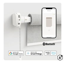 Moteur intelligent pour stores enrouleurs à chaînette, contrôlable via application smartphone, compatible avec Google Home, SmartThings et Alexa. (Image AI modified or generated)