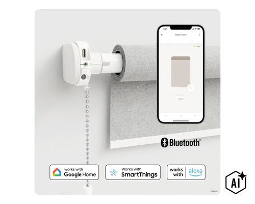 Moteur intelligent pour stores enrouleurs à chaînette, contrôlable via application smartphone, compatible avec Google Home, SmartThings et Alexa. (Image AI modified or generated)