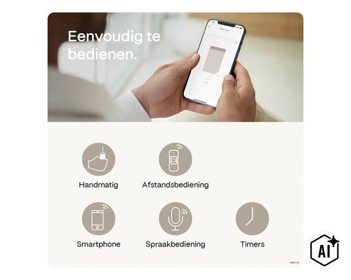 Une personne contrôle un store enrouleur via une application smartphone ainsi que d autres options comme la télécommande, la voix et la minuterie. (Image AI modified or generated)