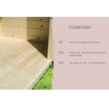 Detailansicht des Holzfußbodens mit Informationen zu Material und Konstruktion