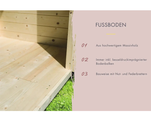 Detailansicht des Holzfußbodens mit Informationen zu Material und Konstruktion
