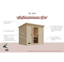 Außensauna Eco aus Holz, 38 mm Steck-Schraubsystem, inklusive Einflügeltür und Massivholzboden