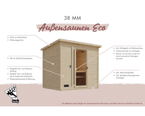 Außensauna Eco aus Holz, 38 mm Steck-Schraubsystem, inklusive Einflügeltür und Massivholzboden