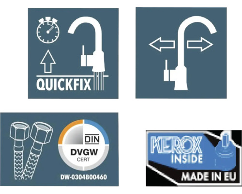 Symbole für Schnellmontage, Schwenkbereich, DIN DVGW Zertifikat und Hergestellt in der EU