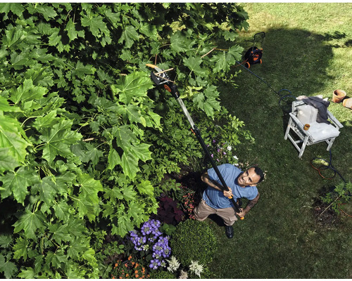 Un homme coupe des branches avec un sécateur dans un jardin.