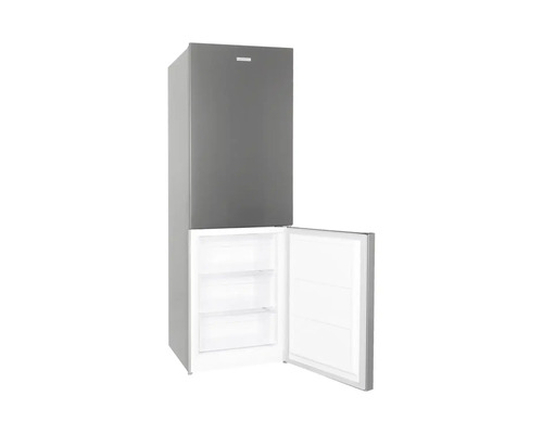 Combiné réfrigérateur-congélateur gris avec porte du congélateur ouverte.