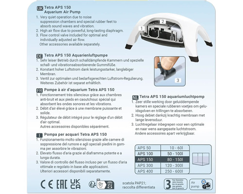 Détails de la pompe à air d''aquarium Tetra APS 150