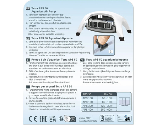 Informations sur le produit de la pompe à air pour aquarium Tetra APS 50