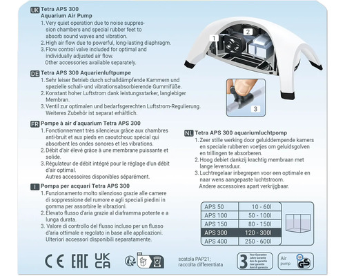 Pompe à air pour aquarium Tetra APS 300 avec régulateur de débit d''air